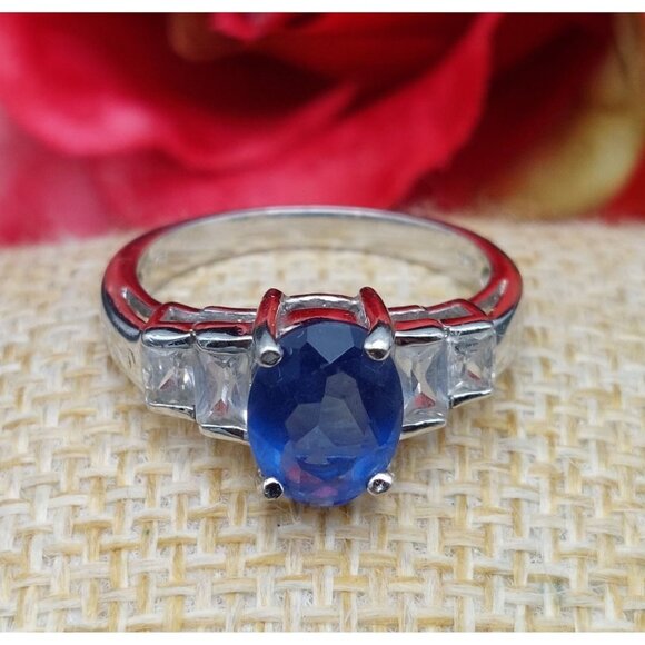 Sterling Silver Cocktail Ring FAS 925 Size 7 Baguette CZ & Blue Center Stone - Picture 1 of 10